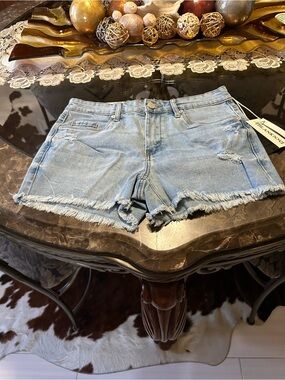 Blank NYC Light Blue Distressed Frayed Hem Denim Shorts
